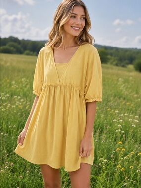NWOT Mustard Cotton/poly Loose V Front Puffy Sleeved Dress Large